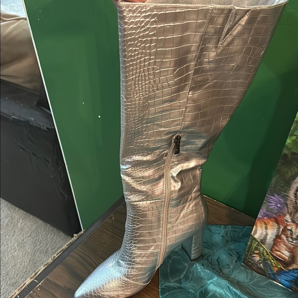 Silver Knee-High Croc-Embossed Women's Boots